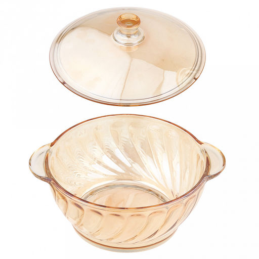 Кастрюля стеклянная "Вираж" 0,9мл, д15,8см, h7,6см, основание д11,2см, общая h12,5см, стеклянная крышка, 2 ручки, янтарный перламутровый, в коробке (Китай)