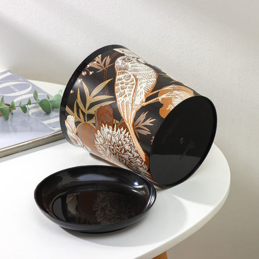 Горшок для цветов с поддоном Доляна «Голди.Птицы», 1,6 л, d=14 см, h=15,5 см, пластиковый, цвет чёрный