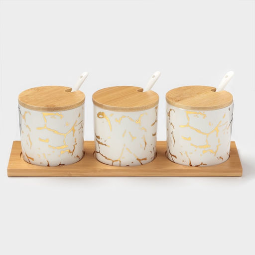 Банки с ложками на деревянной подставке Эстет. Gold, набор 3 шт.: 300 мл, керамика, белые - Simaland фото 8