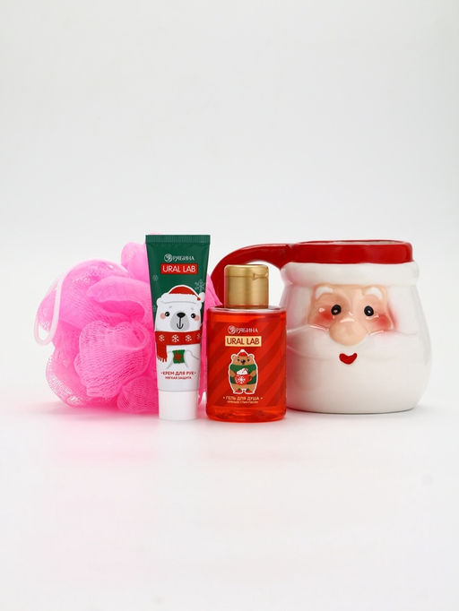 Подарочный набор новогодний Дед Мороз, гель для душа, кружка, мочалка и крем для рук, URAL LAB
