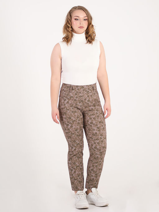Брюки коричневые укороченные женские с цветочным принтом - Almond фото 2