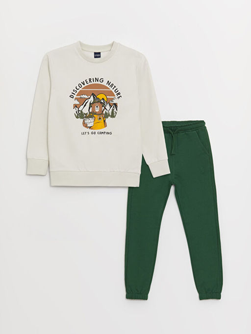Bisiklet Yaka Bask?l? Uzun Kollu Erkek ?ocuk Sweatshirt ve E?ofman Alt?