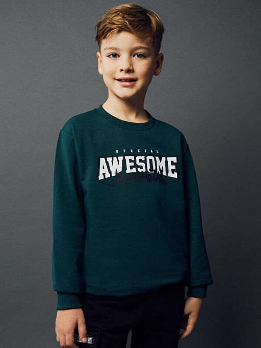 Bisiklet Yaka Bask?l? Uzun Kollu Erkek ?ocuk Sweatshirt