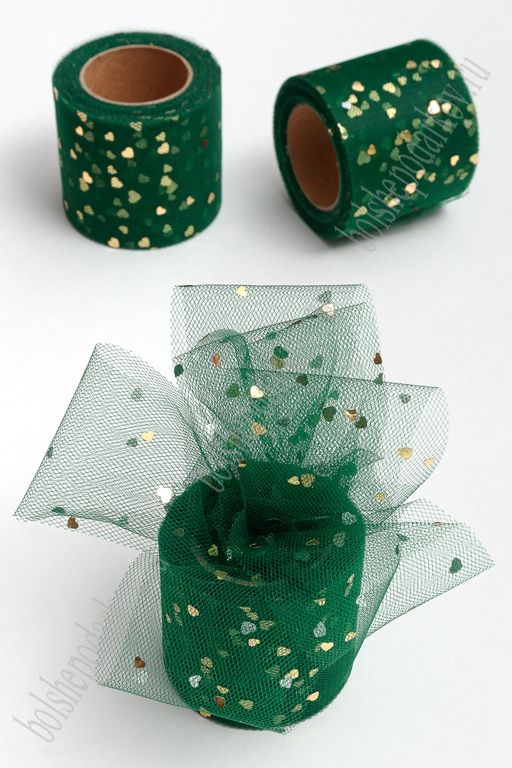 Фатин Сердечки 5,5 см*15 ярд (SF-5808) темно-зеленый/золото №19