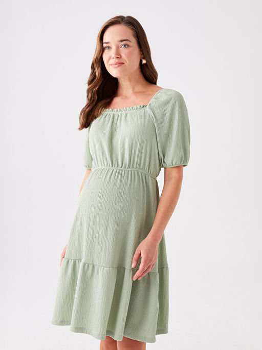 U Yaka D?z K?sa Kollu Hamile Elbise