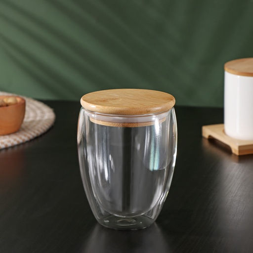 Стакан с двойными стенками BellaTenero Эко, 330 мл, стекло, бамбуковая крышка  фото 2