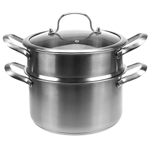 "Люкс" Пароварка из нержавеющей стали 7л, д26см, h21,5см, стеклянная крышка, ручки нержавеющая сталь, с теплораспределительным дном 0,8см, цветная коробка (Китай)