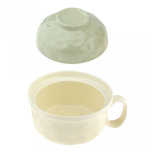 Бульонница керамическая "Семейная" 0,7л, д15,3см, h8,3см, с ручкой, с крышкой - светло-зеленый, общая h13см, рифленый борт, форма "мисосупница", светло-желтый, в коробке (Китай)