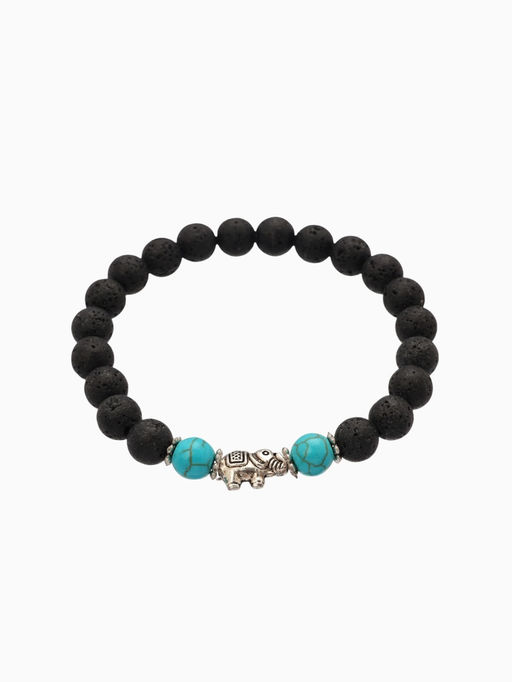 Браслет «Слоник», длина 18 см, камень пирит, лава, чёрный, бирюзовый