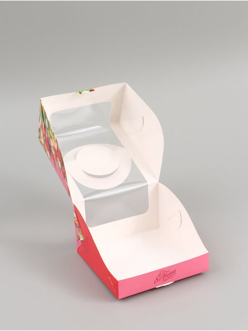 Цена за 5 шт. Коробка под бенто - торт с окном С 8 марта!, 14?14?8 см