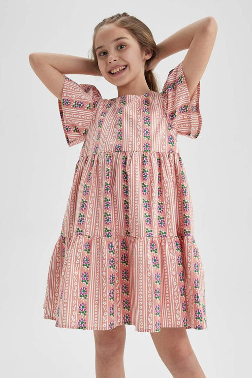 Платье с короткими рукавами и узором для девочки - Defacto фото 3