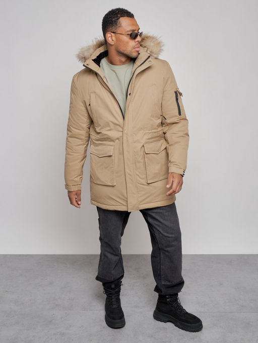 Парка мужская зимняя удлиненная с мехом бежевого цвета 8318B - Wonderrman фото 10
