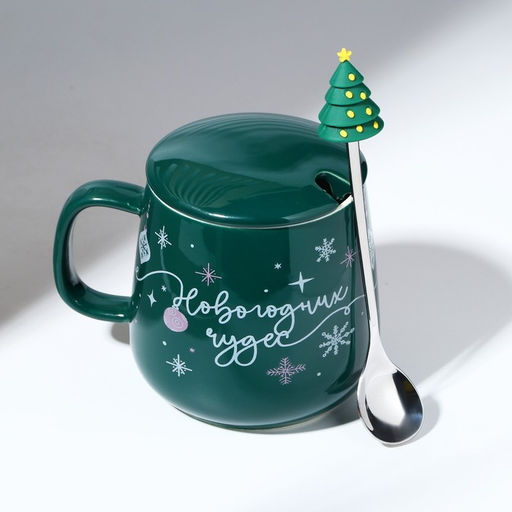 Кружка новогодняя керамическая с ложкой Новогодних чудес, 350 мл, цвет зелёный - Дорого внимание фото 6