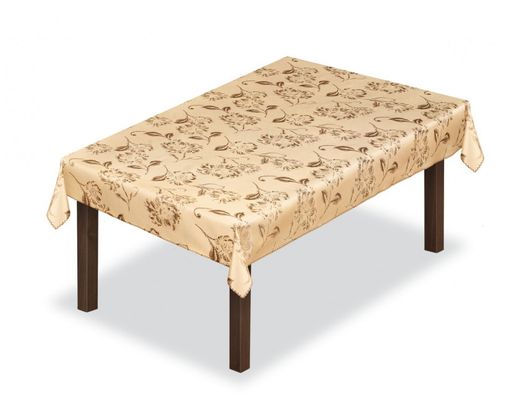 Скатерть арт. 12988/1/165, ПИОН, прямоугольная, 165 см х 250 см, ТЕФЛОН, бежевый фон, коричневый рисунок, узорный край