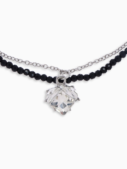 Колье из бисера «Сердце», двойной ряд, чёрно-белое в серебре