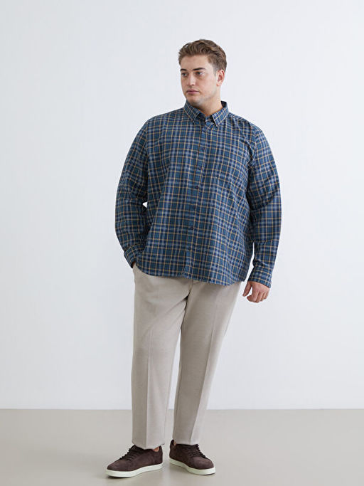 B?y?k Beden Regular Fit Uzun Kollu Ekose Gabardin Erkek G?mlek