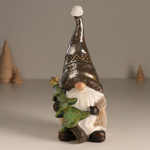 Фигурка светящаяся полистоун «Дед Мороз в колпаке, с ёлкой», беж и шоколад, 10.5×10.5×22 см