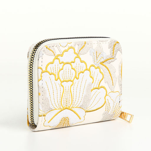 Кошелёк на молнии, три оделения, маленький, с вышивкой, белый