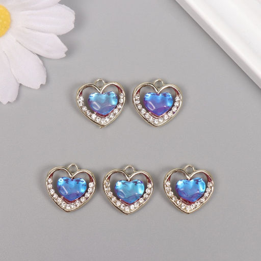 Цена за 5 шт. Декор для творчества металл, стразы «Сердце океана», золото, голубой, 1.7×1.7×0.5 см