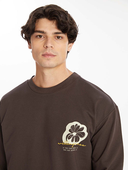 Bisiklet Yaka Uzun Kollu Bask?l? Erkek Sweatshirt