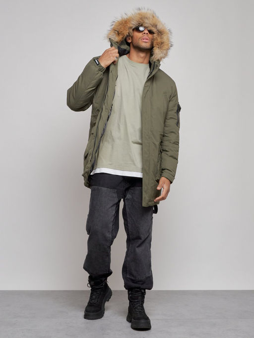 Парка мужская зимняя удлиненная с мехом цвета хаки 8318Kh - Wonderrman фото 6
