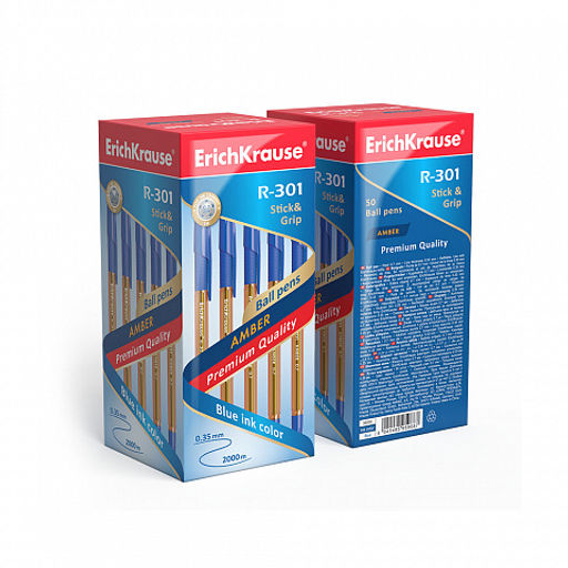 Цена за 50 шт. Ручка шариковая ErichKrause R-301 Stick&Grip Amber 0.7, цвет чернил синий (в коробке по 50 шт.)  фото 3