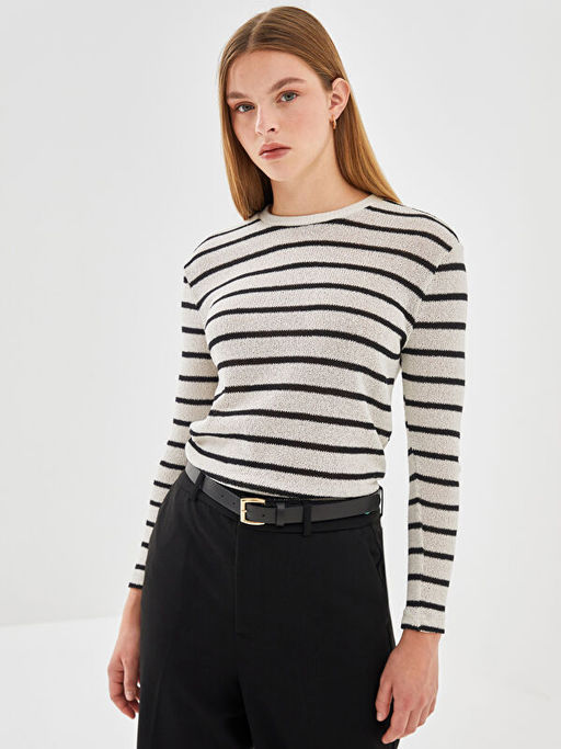 Bisiklet Yaka ?izgili Kad?n Kazak