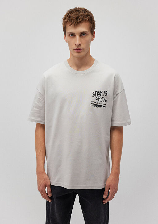 S?rt Bask?l? Gri Tisort - Mavi фото 4