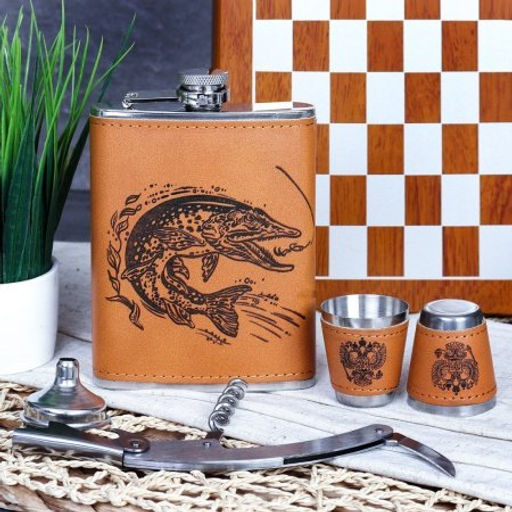 Фляжка 200 мл с шахматами + 2 стопки 25 мл, открывашка, воронка / FL-181 /уп 20/ - Галеонтрейд фото 3