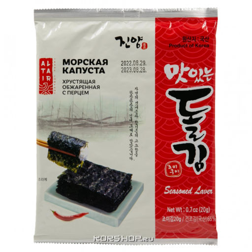 Хрустящая обжаренная морская капуста с красным перцем Jinyang, Корея, 20 г Акция