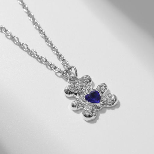 Кулон «Мишка», с сердечком, бело-синий в серебре, 40 см