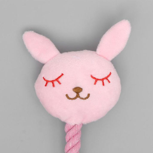 Игрушка мягкая для собак Зайка с канатом, с пищалкой, 18 см, розовая - Пижон фото 4