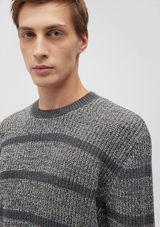 Cizgili Gri Kazak - Mavi фото 5