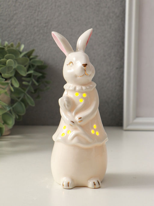 Фигурка светящаяся Зайка с тюльпаном, керамика, белый, 6?6?16 см