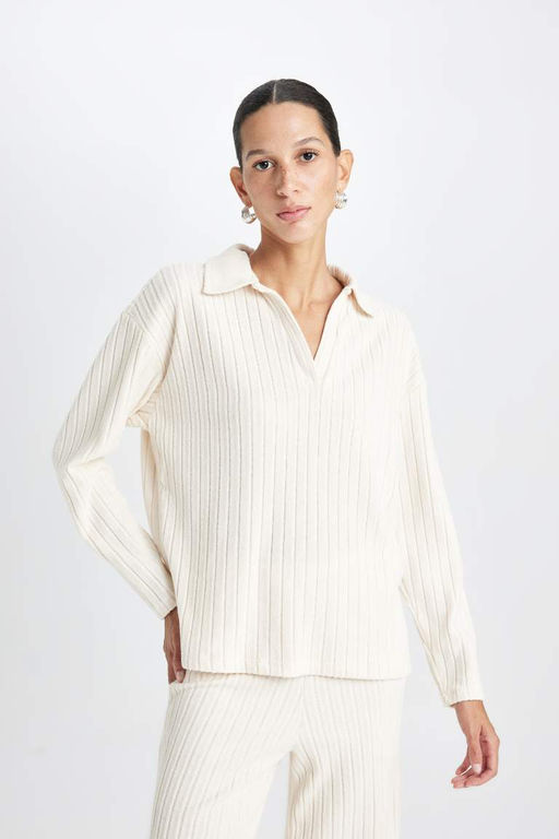 Женская повседневная футболка с воротником-поло в рубчик и длинными рукавами - Defacto фото 3