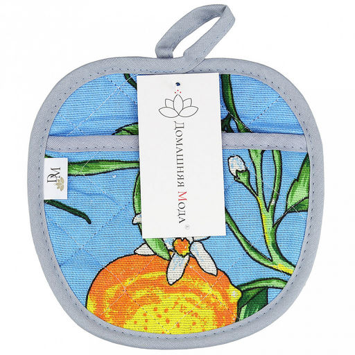 Прихватка с запахом 19х19см "Лимон, вид 4", форма "Яблоко", рогожка 171г/м2, хлопок 100%, наполнитель - ватин 280г/м2, на пластмассовом подвесе, "Домашняя мода" (Россия)