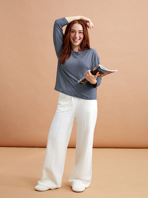 Petite Bisiklet Yaka ?izgili Uzun Kollu Kad?n Ti??rt