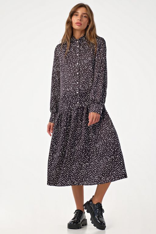 Платье в горошек на пуговицах черное