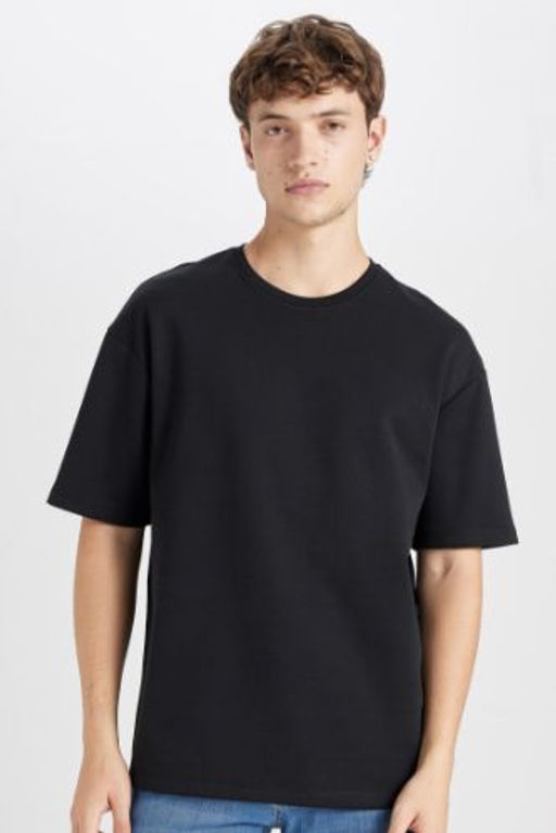 Boxy Fit Bisiklet Yaka Pamuklu K?sa Kollu Basic Duz Ag?r Kumas Tisort