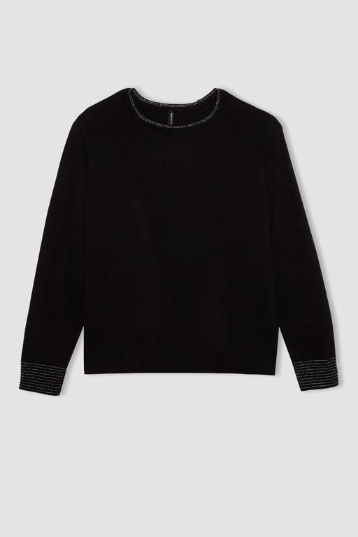 Женский черный свитер-туника стандартного кроя с круглым вырезом и рукавами реглан - Defacto фото 12