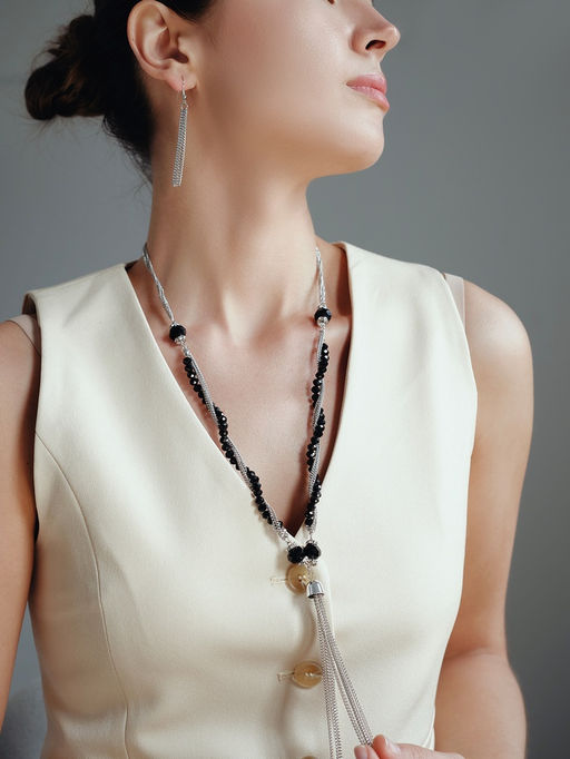 Набор 2 предмета: серьги, бусы Унисон накрученность, чёрный в серебре, 60 см