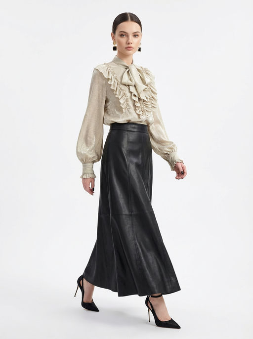 Блузка с рюшами и воротником-завязка OD-988-2 бежевый