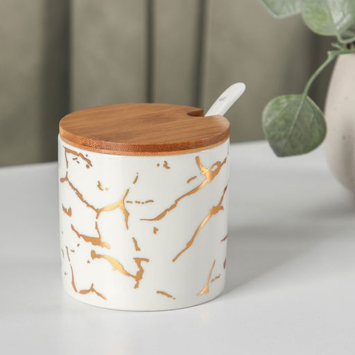 Банки с ложками на деревянной подставке Эстет. Gold, набор 3 шт.: 300 мл, керамика, белые - Simaland фото 4