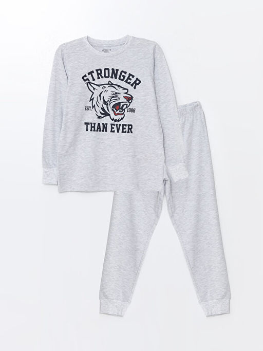 Bisiklet Yaka Bask?l? Uzun Kollu Erkek ?ocuk Pijama Tak?m?