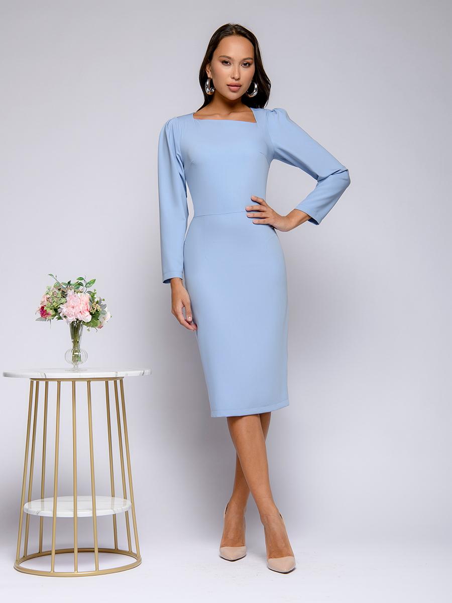 Платье розовое длины миди с асимметричным воротом и длинными рукавами - 1001dress фото 5