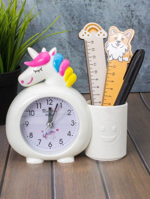 Часы-будильник с подставкой для канцелярии Rainbow unicorn, white