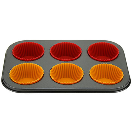 Форма для выпечки с тефлоновым покрытием 26х18см h2,8см, для 6 булочек, с индивидульными силиконовыми вставками 7х3см (Китай)