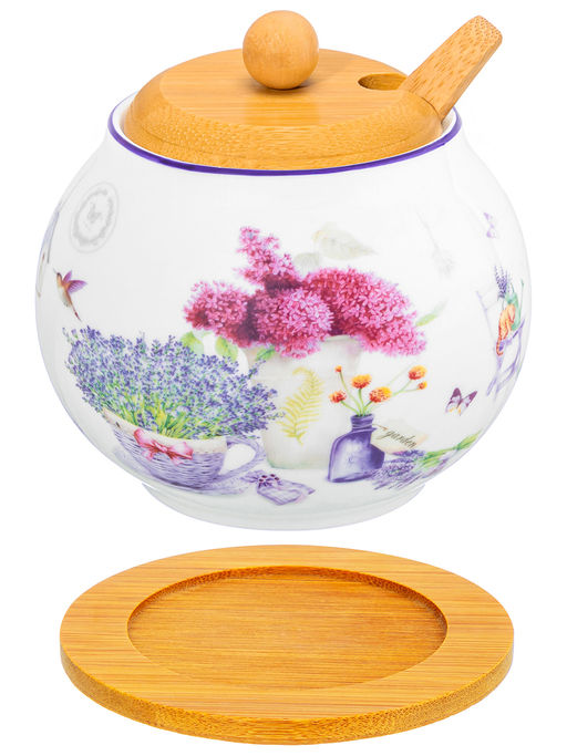 Сахарница 620 мл 11*11*12 см Лаванда + ложка + дер. крышка на дер. подставке NEW BONE CHINA - Elan gallery фото 21