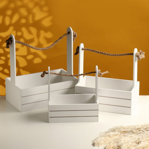 Подарочный ящик «Аром», деревянный, ручка - канат, белый, набор 3 шт.