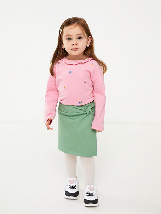 Bisiklet Yaka Uzun Kollu Nak?? Detayl? Organik Pamuklu K?z Bebek Ti??rt - Waikiki фото 3